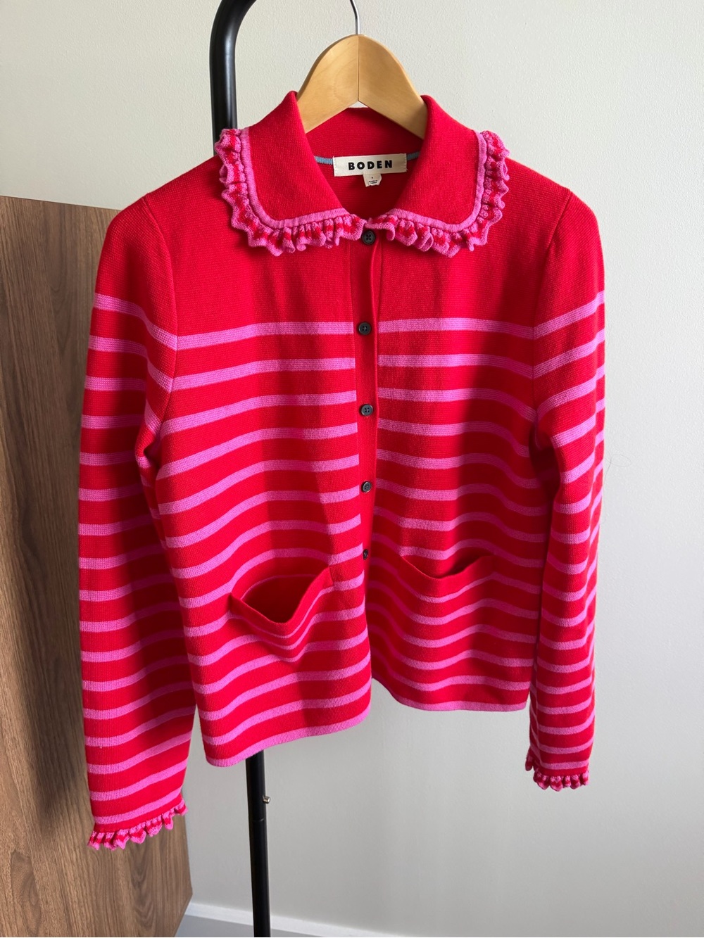 Boden Red & Pink Striped Ruffle Collar Cardigan Sweater Size S NWOT Wool Cotton - Picture 12 of 13